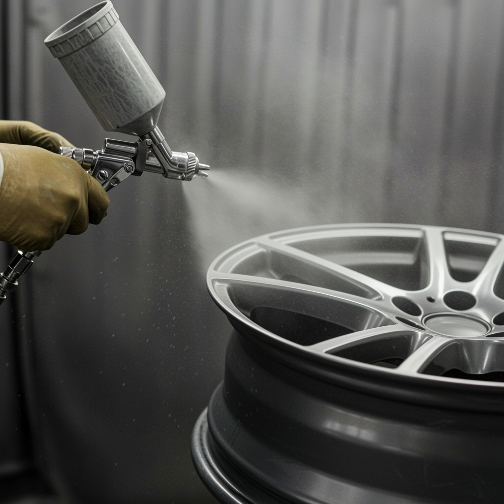 Low angle worker spraying powder paint